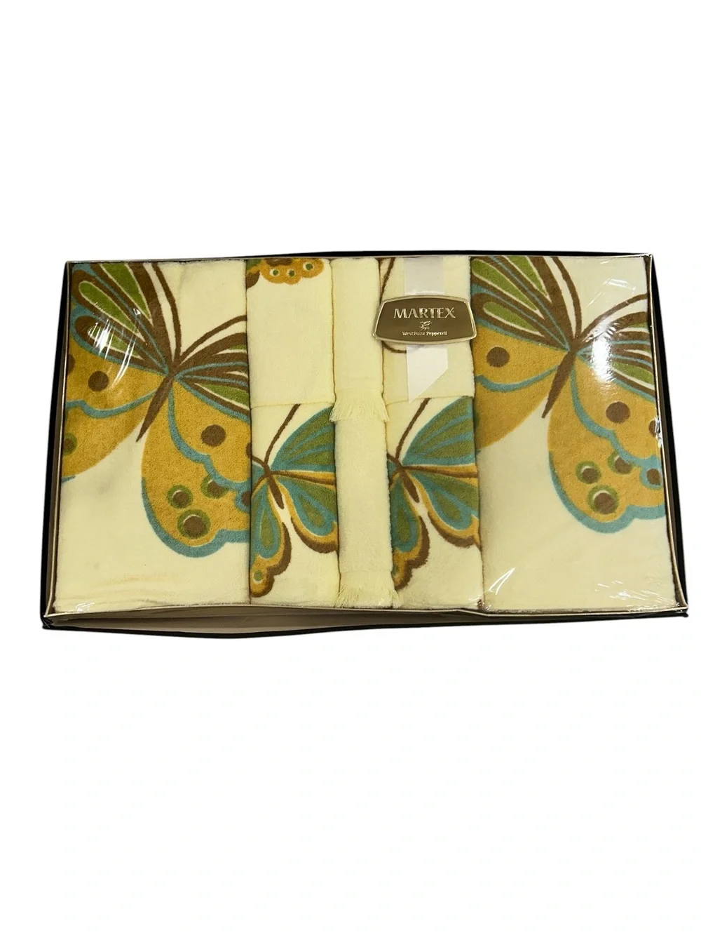 NEW Vintage 70s Martex Hanae Mori Butterfly Towel Set - 6 Pieces - NEVER OPENED